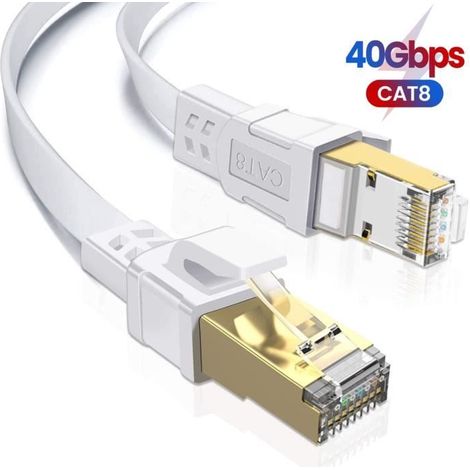Ototon® 10M Cat 8 Plat Câble Ethernet Réseau RJ45 Haut Débit 40Gbps 2000MHz 8P8C Pour PS5 PS4 TV Box PC Xbox Switch - Blanc, 10M (1/4)