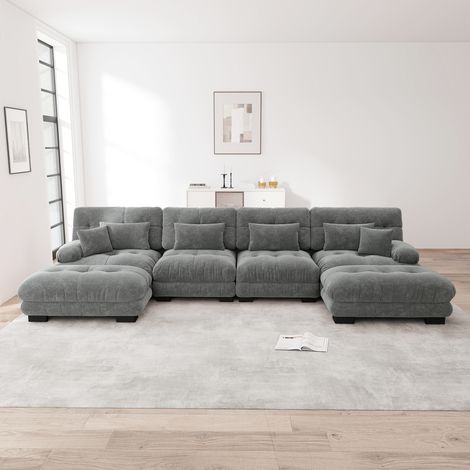 Divano angolare modulare, set di divani a U per soggiorno, comodi divani a nuvola a 4 posti con pouf mobile, combinazione fai-da-te, ciniglia, grigio