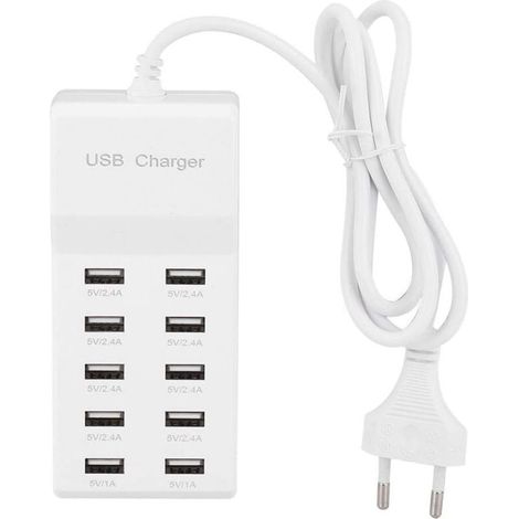 Cargador de pared USB Fdit con 10 puertos USB, estación de carga multipuerto, concentrador USB de viaje de 100-240 V, regleta con cable para múltiples dispositivos (UE) (1/4)