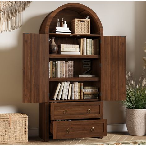 Vetrina 80x40x180 cm in MDF noce, ante in rattan intrecciato per soggiorno – MEUBLIV (1/5)