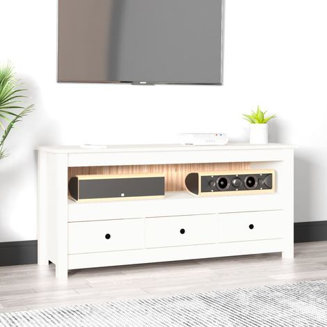 Meuble TV pour Salon - Armoire TV Blanc 114x35x52 cm Bois de pin massif BV424859 - BonneVie (1/5)