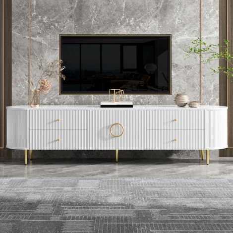 Meuble TV 180 x 40 x 53cm lowboard avec relief vague 3D bords arrondis MDF poignées aluminium pieds métal  salon moderne chic déco