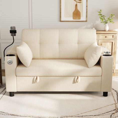 Canapé droit 136.5x79.5x83.6cm - 2 places - rangement caché + usbtype-c + porte-gobelets + 2 coussins - velours côtelé - beige (1/5)