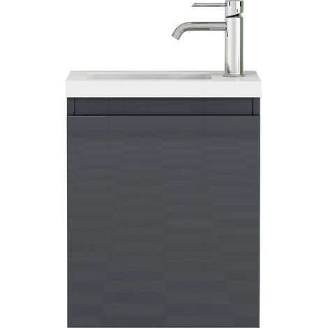 Mueble de baño suspendido gris brillo 40 cm con lavabo cerámico y espejo (1/5)