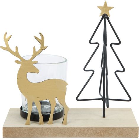TrendLine Teelichthalter Holz-Metall mit Hirsch und Tannenbaum 15 x 7 x 14,5 cm mehrfarbig Teelichthalter
