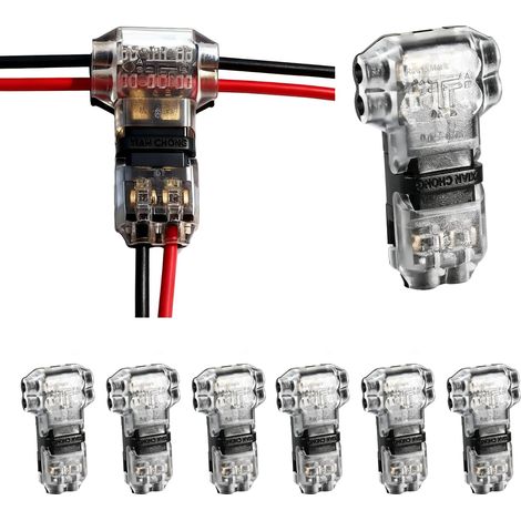 6 Pièces Connecteur en T 2 broches de Fil électrique 2 Voies 2 sans Soudures sans Dénudage 20/22 AWG Étanches, double wire plug in connector pour Fils Électriques, Câbles LED, Kits de Raccordement (1/5)