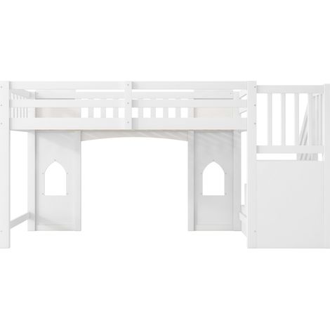 Cama alta 90 x 200 cm con escalera de almacenamiento y ventanas, blanco (1/5)