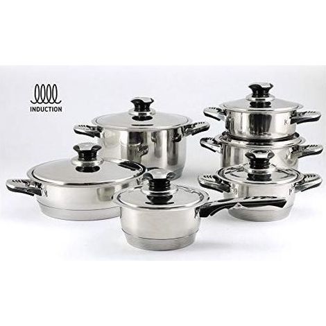 Blumenthal Bavaria 86053 Batteria di Pentole 12 Pezzi in Acciaio Inox 18-10 con Triplo Fondo Fondo Induzione Compatibile Induzione Lavabile in Lavastoviglie colore Nero