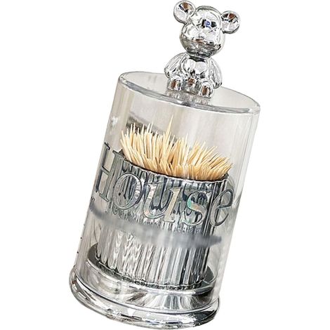 Pot à cure-dents ourson mignon, boîte de rangement transparente pour cotons-tiges avec couvercle argenté (1/5)