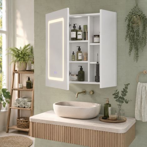Armoire à Miroir Mural 70x60x13.5 cm,Salle de Bains Armoire avec 2 portes,Grand Meuble de Rangement avec Étagère Réglable,Anti - Buée Gradateur, blanc (1/5)
