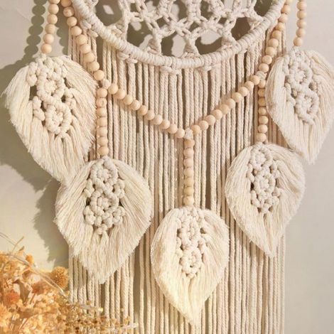 Tapisserie Murale - Macramé Tissé Main - Motif Feuille - Perles Bois Pompons - Décoration Intérieure - 75 x 30 cm (1/5)