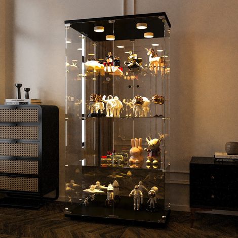 Vitrine en verre, 164x80x36cm, 4 niveaux, vitrine avec miroir, vitrine de collectionneur avec lumière LED, vitrine de rangement en verre noir pour la chambre, le bureau, le salon, noir