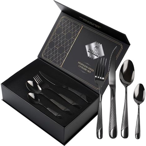 Lot de 24 couverts martelés en acier inoxydable avec couteau, fourchette, cuillère, couverts pour 6 personnes, couverts modernes en argent pour la maison/restaurant/fête (1/5)