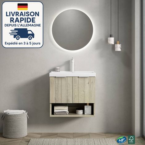 Mueble de lavabo de pared con un seno, 55 cm, lavabo rectangular de cerámica blanca, puerta doble a rayas, imitación roble crema. (1/5)