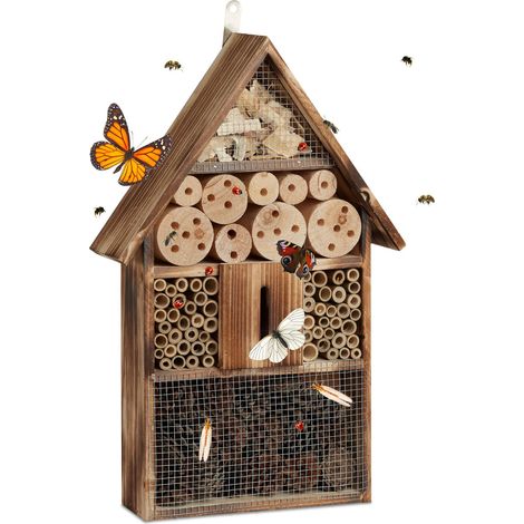 Relaxdays Insect Hotel, Wild Bee Nature Reserve, House, Habitat, Hang, Garden, Balcony, HxWxD: 48 x 31 x 9.5 cm, Natural