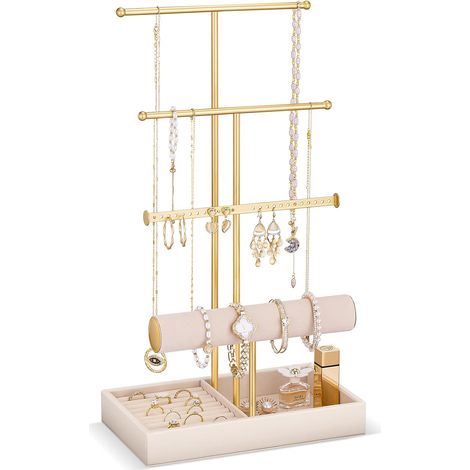 Porte Bijoux avec Plateau Velours, Présentoir Colliers, Bracelets, Boucles d’Oreilles, Bagues, Support Bijoux en Métal -Beige (1/5)