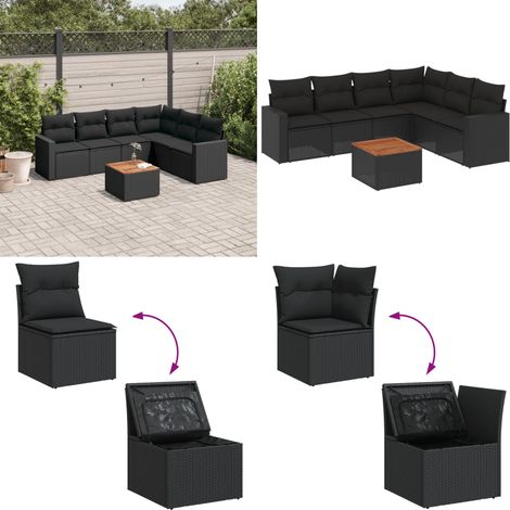 7-tlg. Garten-Sofagarnitur mit Kissen Schwarz Poly Rattan - Gartenmöbel Set - Outdoor Möbel - Rattan Gartenmöbel - Lounge Set - Esstisch Set - Home & Living (1/5)