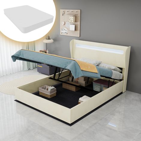 Lit Coffre Rembourré 140x200 cm avec Matelas Inclus, Éclairage LED et Tête de Lit Ajustable - Beige (1/5)