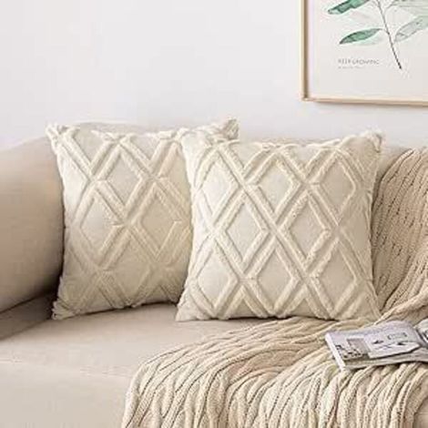 Lot de 2 Housses de Coussins en Daim Artificiel et en Laine Artificielle avec des Motifs Carré comme Velours Taie d'oreiller à Salon Chambre Canapé 30X50cm Crème (1/5)