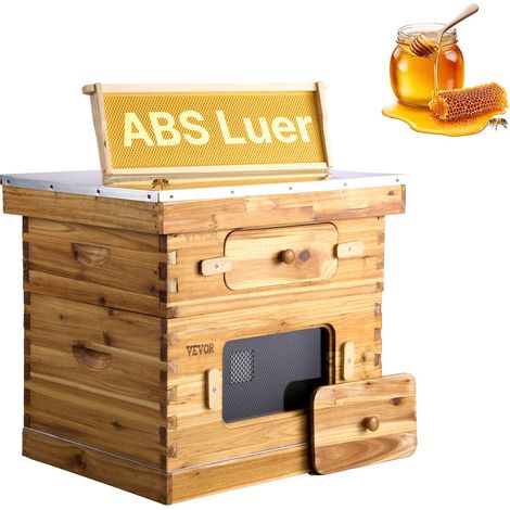 Ruche d'abeilles, 20 cadres, bois de sapin enduit de cire d'abeille, 1 boîte profonde 1 moyenne, kit ruche Langstroth, fenêtres acrylique transparent fondations pour apiculteurs pro débutants (1/5)