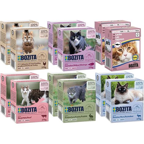 Comida húmeda para gatos BOZITA. Trozos de carne en salsa. Mezcla de sabores. 12 x 370 g. (1/2)