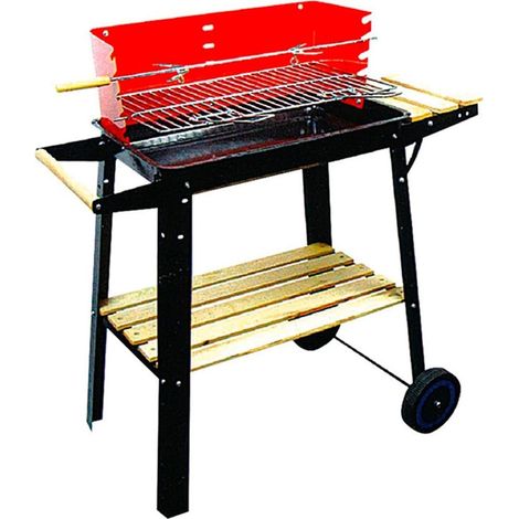 TrAdE Shop Traesio - Barbecue Griglia A Carbone Portatile Con Ruote Spiedo Ripiani In Legno Per Utensili 638966 - (1/4)