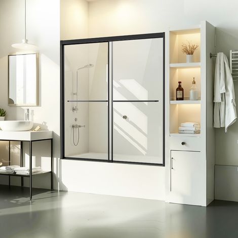 VEVOR Porta Doccia Scorrevole per Vasca da Bagno Doppia Semi-Senza Telaio, Porta Doccia Semi-Senza Telaio con Porta in Vetro Temperato, Maniglia in Acciaio Inox, Nero 1524 x 1524 mm