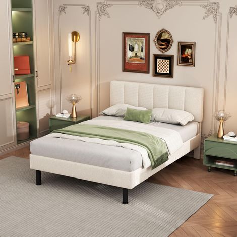 Lit double capitonné 140x190 cm, avec sommier à lattes en bois, tête de lit et dossier prolongés, cadre en métal, lit adulte en sherpa - Beige (1/5)