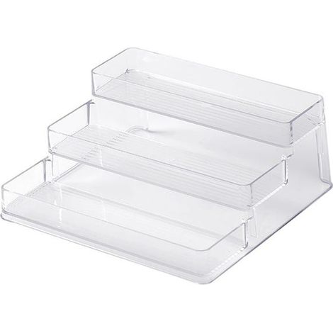 Présentoir acrylique transparent, meuble étagère 3 tablettes, organiseur de rangement pour cuisine et salle de bain, support mural ou posable. (1/5)