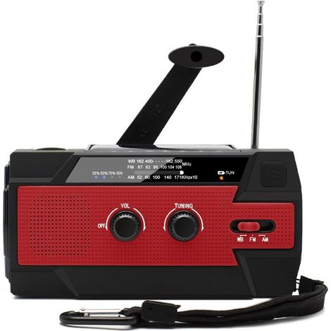 Portable Solar Hand-Crank Radio, Rechargeable Dynamo Radio with AM/FM/WB, Built-in 4000mAh Rechargeable Battery, 4 Modes, LED Flashlight, SOS Alarm for Outdoor Emergencies, Red (1/5)