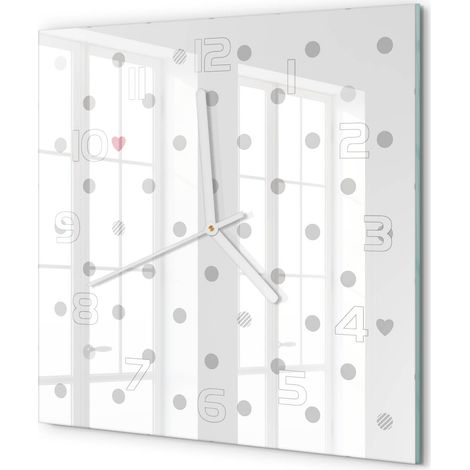 Horloge Murale Carrée Objet Décoratif en Verre Silencieuse pour Salon Pois et cœurs 30x30 cm