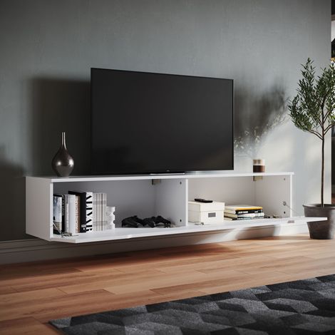 SONNI 1600mm TV-Lowboard 2 portes Meuble TV suspendu moderne brillant avec lumière ambiante pour salon-chambre à coucher blanc (1/5)