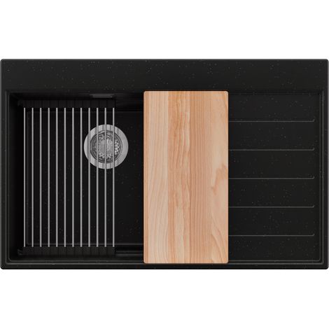PRIMAGRAN Evier Cuisine en Granit 78x50cm,Lavabo 1 bac + Kit de Vidage + Accessoires, Évier à Encastrer au meuble 50cm - Sydney, Noir Métallisé (1/5)