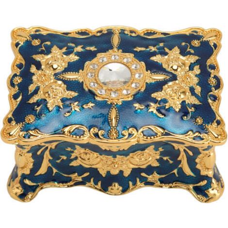 Portagioie vintage, mini portagioie in stile europeo antico, organizer per anelli, collane e orecchini in metallo smaltato, blu e oro -Crezuo