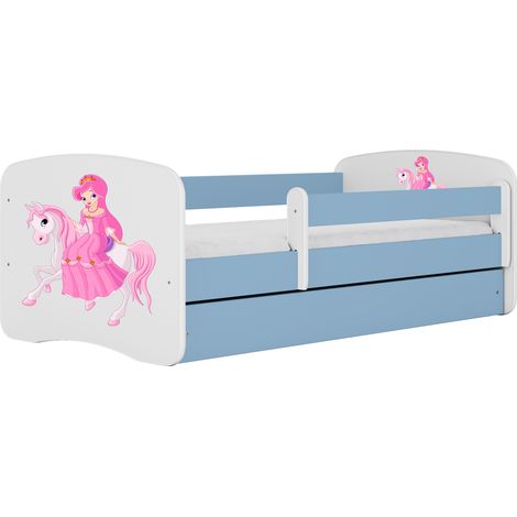 Lit enfant et adolescent 80 x 180 cm avec tiroir et barrière amovible bleu, motif princesse à cheval (1/5)