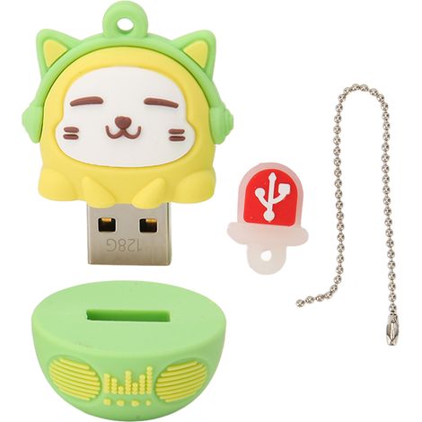 Clé USB 2.0 en PVC motif chat, antidéflagrante, plug-and-play, 128 Go, vert jaune, pour ordinateur portable et téléphone (1/5)