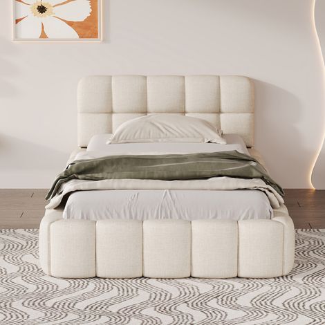 3ft Single Bed Frame Avernest 90x190cm Cream Linen Upholstered Low Platform Bed with Tufted Headboard, Wood Slats 300kg (1/5)