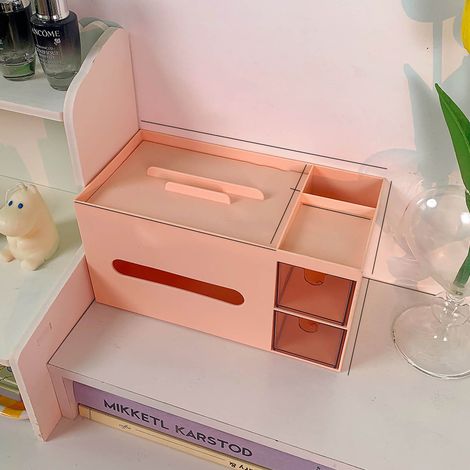 Boîte de rangement cosmétique sur table, corbeille à mouchoirs décorative, organiseur de maquillage pour chambre et dortoir, rose. (1/5)