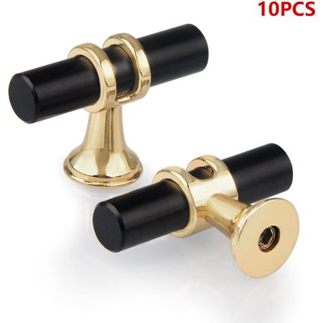 Lot de 10 Boutons de Tiroir Monotrou en T.Moderne Poignée T Armoire Porte Alliage de Zinc Unique Trou Boutons pour Cuisine Meuble Armoire Placard Chambre Vis Inclus.Noir Avec Base Dorée (1/4)