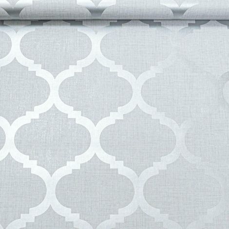 Light Grey Wallpaper Trellis Geometric Metallic Silver Feature Wall Linen Effect (1/5)