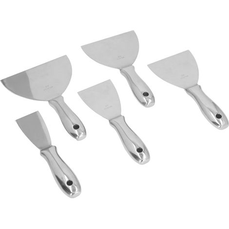 Ensemble de 5 grattoirs à mastic en acier inoxydable pour plâtre, joints et enduit. Outils de nettoyage disponibles en 5, 7,5 cm, 10 cm, 12,5 cm et 15 cm. (1/5)