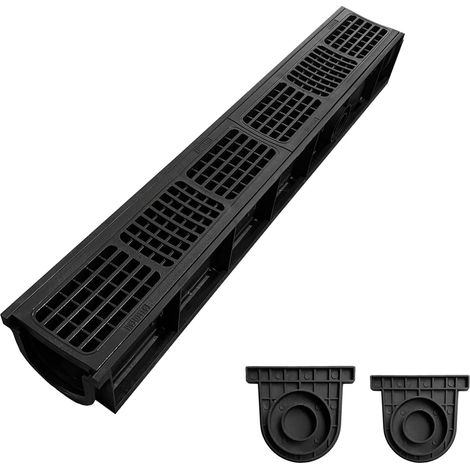 Lot de 1: 1000x155x140mm Caniveau Terrasse en PEHD Noir avec Grille, B125 caniveau extérieur de Drainage en PEHD, 1m, pour l'allée, Le Jardin, la terrasse, Le Garage, Le Cour (1/5)