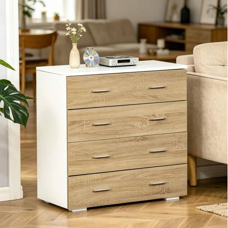 Commode contemporaine en panneaux de particules avec 4 tiroirs - Blanc et bois clair - 76x35x72 cm (1/5)
