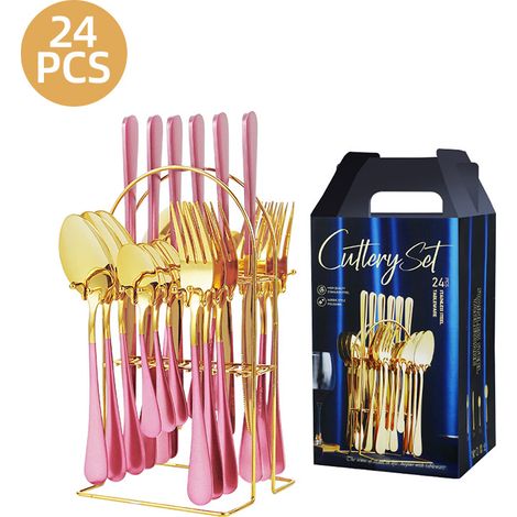 Ménagère 24 pièces - Acier inoxydable - Avec support - Finition miroir - Service de table 6 personnes - Compatible lave-vaisselle - Or rose (1/5)