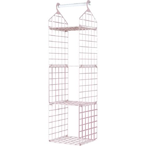 Étagère suspendue 3 niveaux rose, rangement penderie minimaliste en plastique tissu grille, pour chambre dortoir appartement. (1/5)