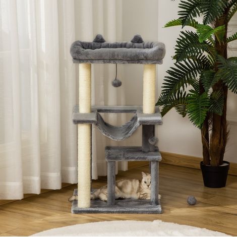 Rascador para gatos de 90 cm con hamaca, cueva, plataformas y sisal, gris OKMYHOME (1/5)