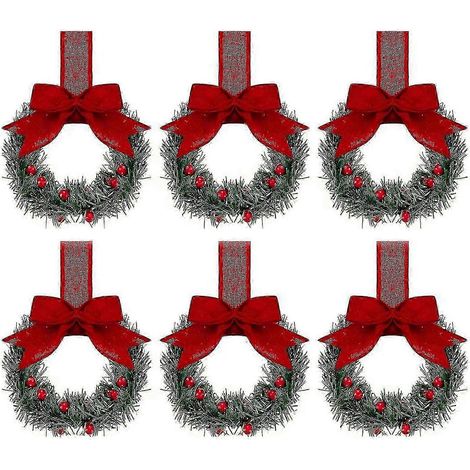 Couronnes de Noël miniatures 2025 pour fenêtre, ornées de rubans et de baies rouges, style ferme, pour la décoration de porte de cuisine ou d'armoire.6pcs (1/5)