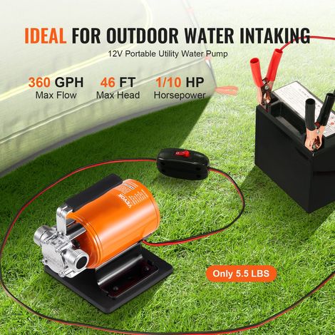 Pompe de Transfert d'Eau, 12 V CC 360 GPH 1/10 HP, Pompe Utilitaire Électrique Portable, Tuyau d'Aspiration 1,8 m, Turbine, Crépine… (1/5)