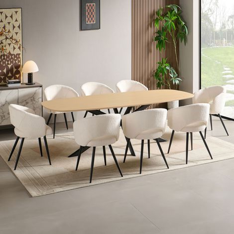Ensemble table 240 cm effet chêne + 8 chaises tissu bouclette blanc (1/5)