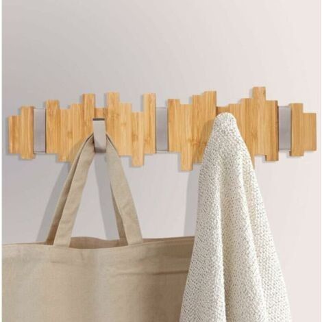 Perchero de pared de madera con 5 ganchos metálicos plegables para abrigos, chaquetas, sombreros, bolsos, pasillo, dormitorio y baño (40 cm)